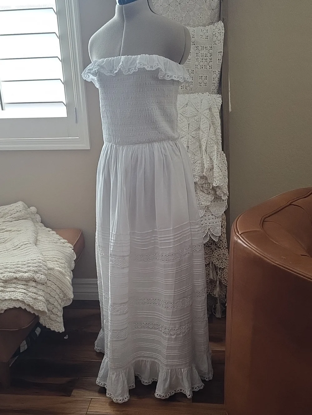 Abercrombie & Fitch White Tube Top Maxi Dress with Eyelet Ruffle Hem